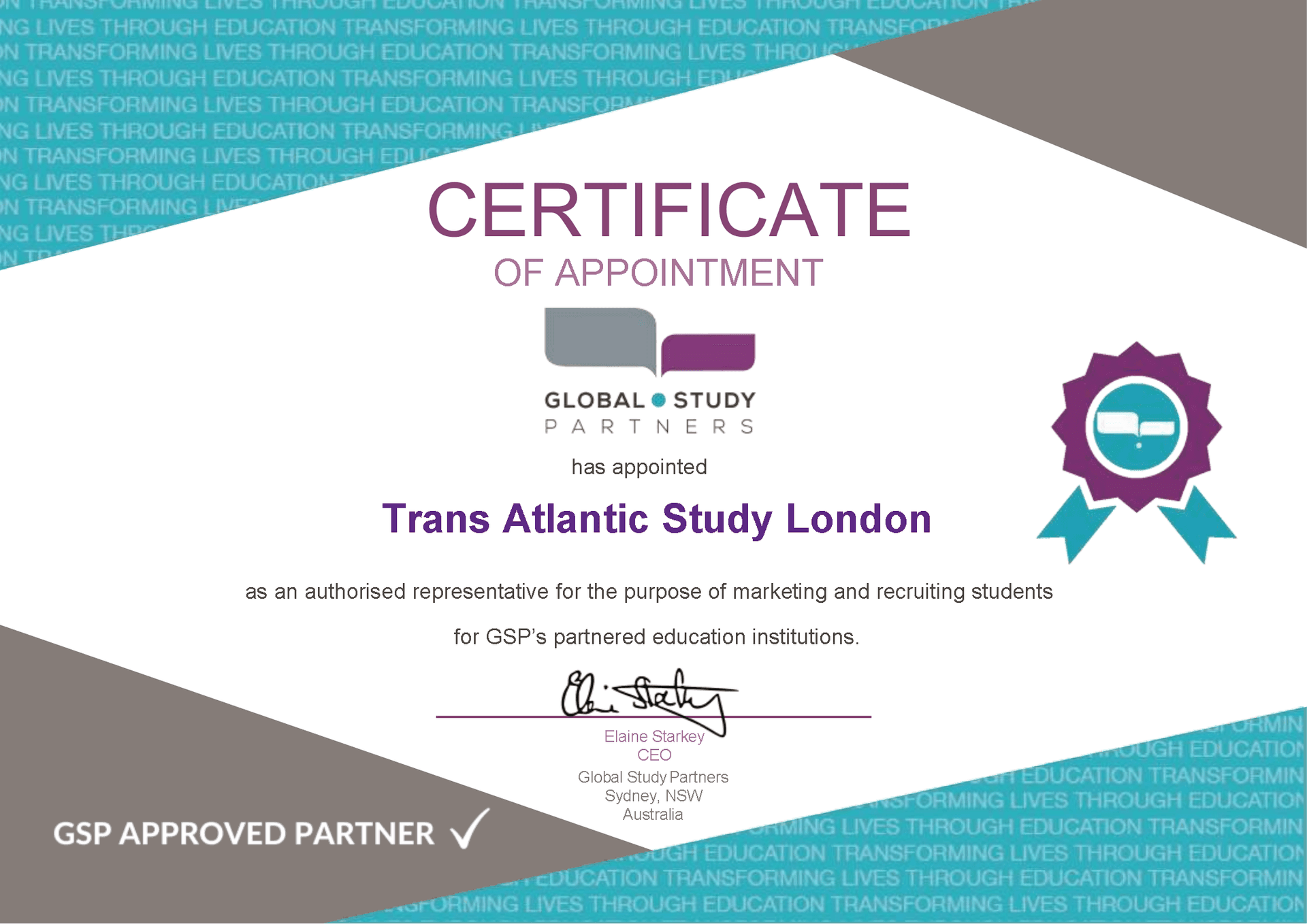 Certificate of Appointment for Trans Atlantic Study London by Global Study Partners, featuring a signed authorization.